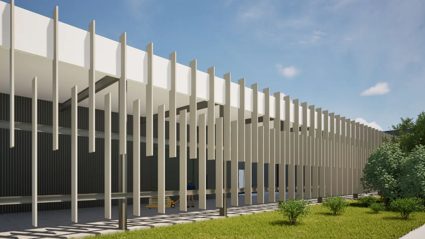 Façade bureaux — brise-soleil verticaux