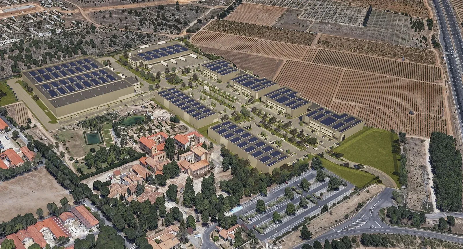 Vue aérienne du Parc Roussillon 41 — toitures photovoltaïques et espaces paysagers